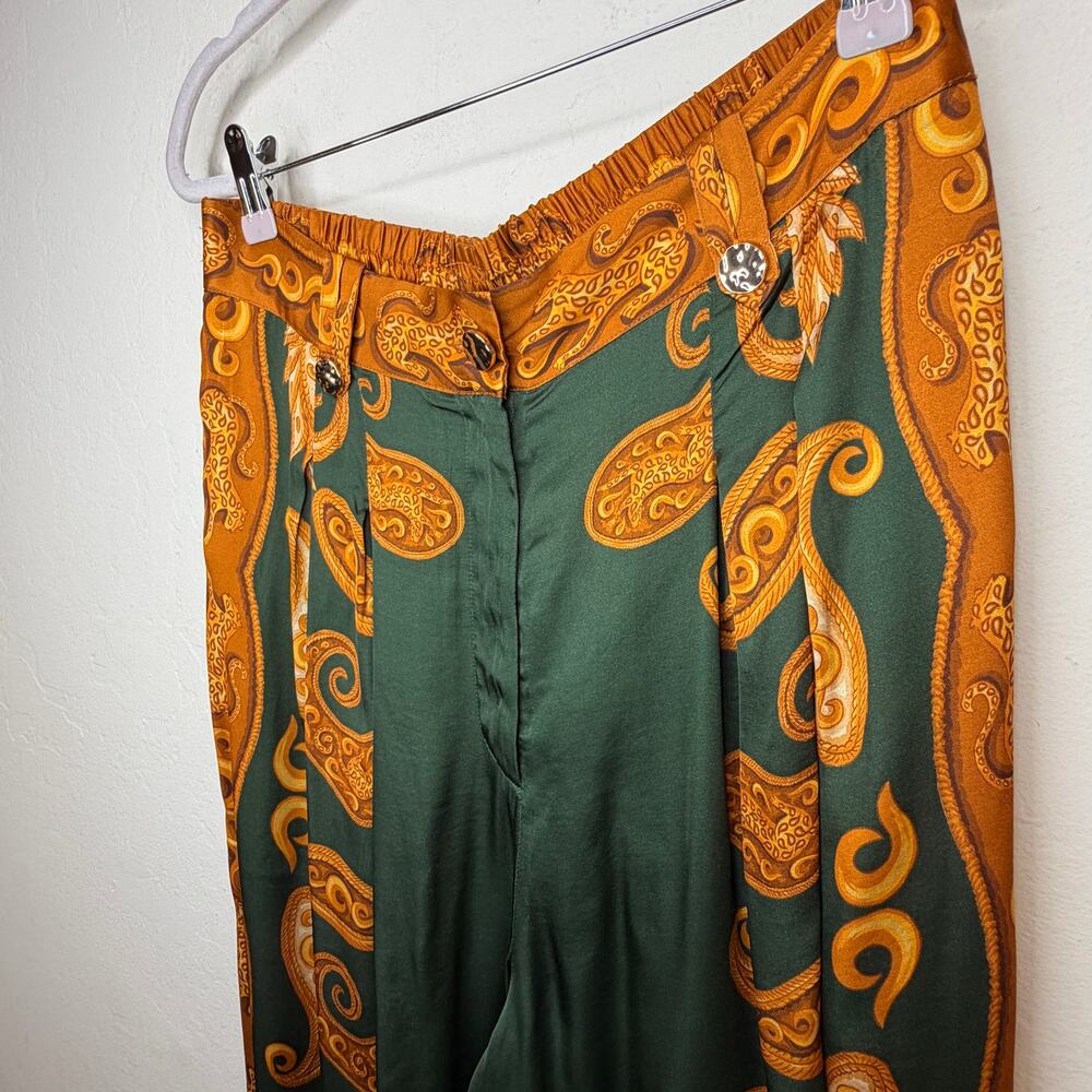 NWT Anthropologie Farm Rio Printed Wide Leg Green Gold Cheetah Satin Pants Med - Picture 8 of 15